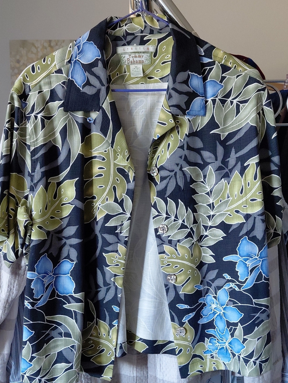 Tommy Bahama Black Camp Shirt with Blue Floral & Olive Leaves